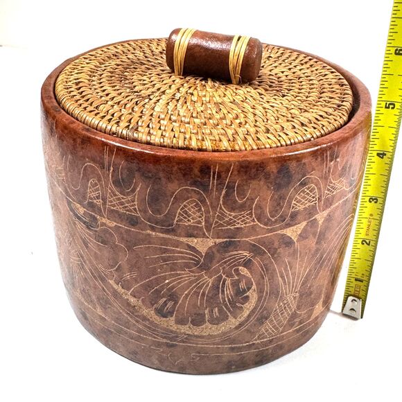 Market Bazaar Stoneware Ceramic Terracotta Canister Woven Lid 5x6.5 Rustic Boho - Picture 6 of 8